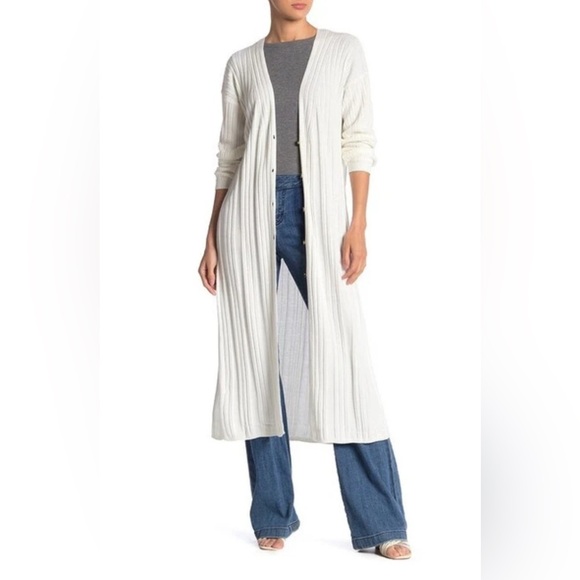 NWT! Free People Skinny Mini Ribbed White Cream Long Cardigan Duster Sweater S - Picture 2 of 9